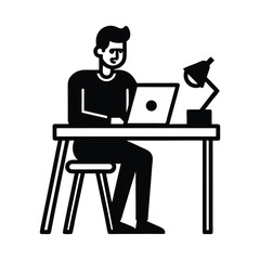 A simple black and white illustration depicting a person working on a laptop at a desk with a lamp