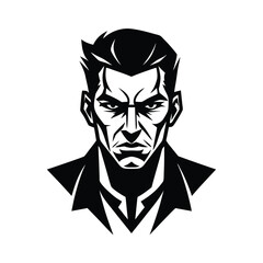 Bold and powerful graphic illustration of a man with intense stare in striking black and white style