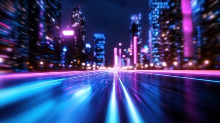 Obraz premium Digital art of a high-tech city street glowing in blue and pink neon at night