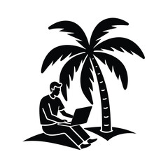 Silhouette of a man working on a laptop beneath a palm tree illustrating remote work and digital nomad lifestyle