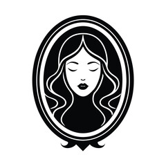 Elegant black and white portrait of a woman with long wavy hair inside an oval frame illustration