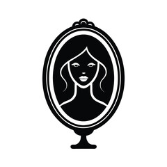 Elegant black and white silhouette of a woman's face framed in a decorative oval mirror