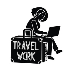 Silhouette illustration of a woman working remotely on laptop while seated on luggage with travel work text
