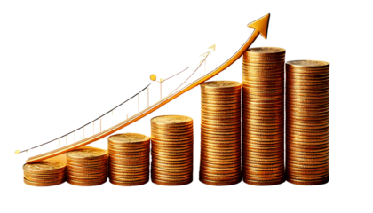 Growing Bar Chart with Stacked Gold Coins on White Background