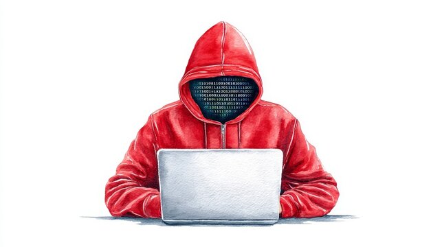 Enigma: Watercolor Hacker - A watercolor painting of a hooded figure using a laptop, symbolizing mystery, technology, security, code, and anonymity