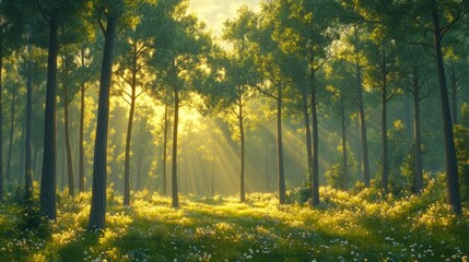 Obraz premium Sunlight streams through a tranquil pine forest. A meadow of wildflowers fills the foreground