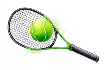 Green Tennis Racquet and Ball - A vibrant green tennis racquet with a tennis ball resting on the strings, set against a white background. Perfect for sports websites, blogs, or promotional materials