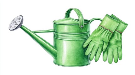 Green Watering Can and Gloves Watercolor - Spring gardening, growth, nature, care, and harvest are symbolized in this watercolor painting of a green watering can and gardening gloves
