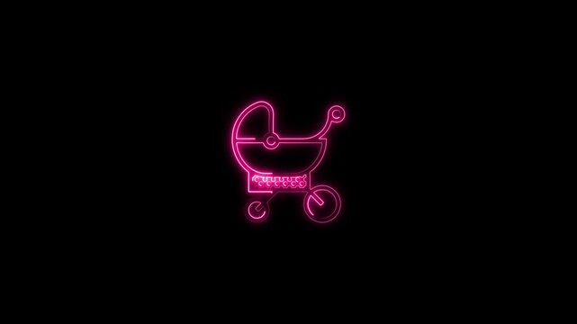 glowing neon stroller icon animation black background. 4K Video motion graphic animation.