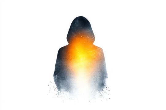 Inner Light Silhouette - A hooded figure, radiating inner light, stands against a white background. Mysterious and ethereal, this evokes feelings of hope and potential
