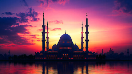 Mosque in night, Tall towers with decorative boarders with a colored background, Silhouette of a mosques
