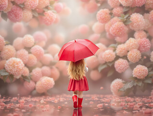 雨の中淡いピンクの沢山の紫陽花の花に向かって歩く赤い傘の女の子
