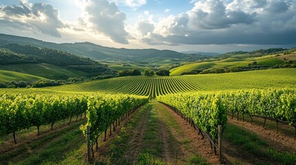 Fototapeta premium Scenic Vineyard Vista: Rolling Hills and Lush Grapevines under a Cloudy Sky