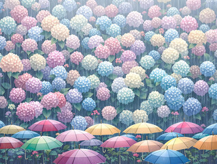 雨の中の沢山のカラフルな紫陽花の花と傘
