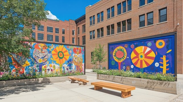 Urban mural art display in city landscape and contemporary brick buildings creative outdoor space showcasing colorful design elements