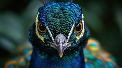 Obraz premium Close-up of a peacock's head, intense gaze. Detailed iridescent plumage, vibrant colors