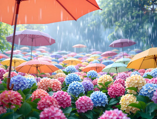 雨の中の沢山のカラフルな紫陽花の花を覆うような沢山の傘
