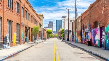 Obraz premium Urban exploration along brick building avenue with vibrant graffiti and distant skyscrapers on a sunny day capturing cityscapes