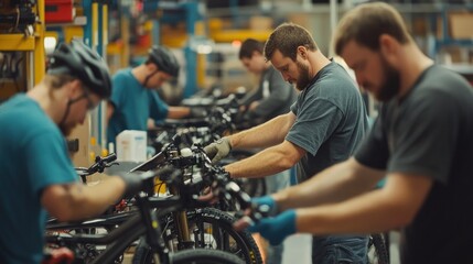 Factory workers assembling bicycles in a production line