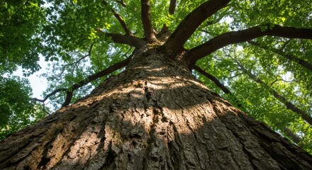 Naklejka premium AI image looking up the textured trunk of a large, mature tree towards its green leafy canopy against a bright sky.