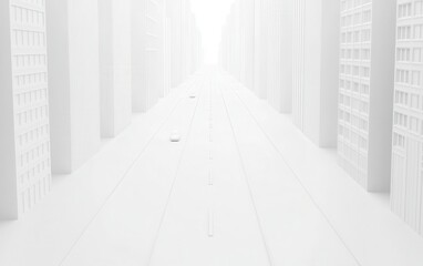 Obraz premium Monochromatic cityscape, a long avenue lined with identical white buildings, stretching into a bright, distant perspective. Two cars are visible on the road