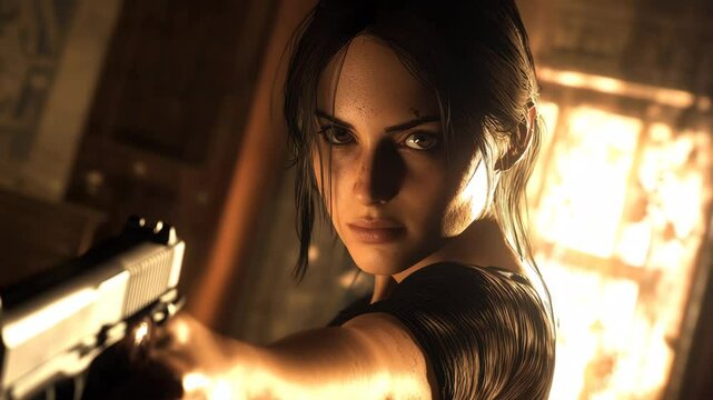 A woman is holding a gun and looking at the camera. Scene is tense and serious