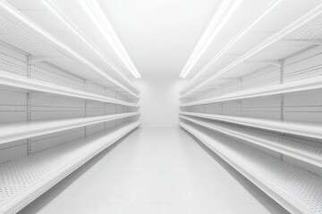 Obraz premium Empty supermarket aisle, bright white interior. Shelves and floor are monochrome, creating a clean, modern space