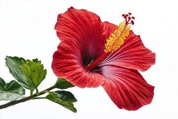 Close up of a vibrant red hibiscus flower with green leaves on stem