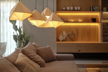 Warm ambiance from angular pendant lamps in a modern lounge