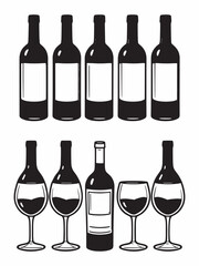 Red wine bottle and glass line art design.eps