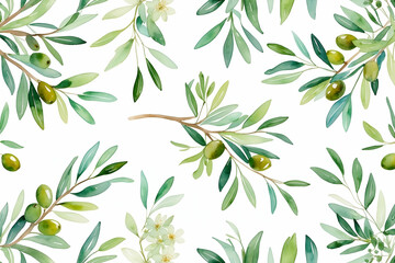 Elegant olive branch watercolor pattern design seamless background illustration