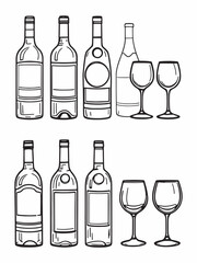 Red wine bottle and glass line art drawing.eps
