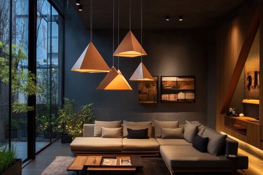 Warm ambiance from angular pendant lamps in a modern lounge