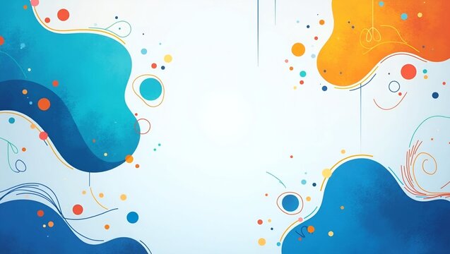 A colorful abstract background blending dynamic blue and orange forms with playful dots and swirls.