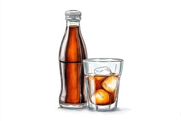 Refreshing Soda Bottle and Glass - An illustration of a soda bottle and a glass filled with ice and soda. Perfect for summer refreshment themes