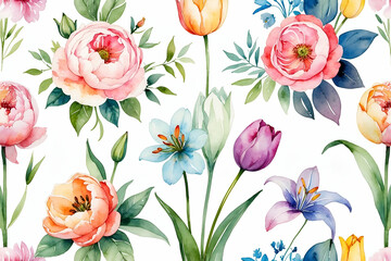 Elegant watercolor floral pattern featuring roses tulips and lilies on white background