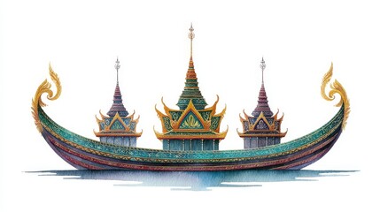 Royal Barge of Thailand - An illustration of a traditional Thai royal barge, ornate and detailed, floating on calm water against a white background
