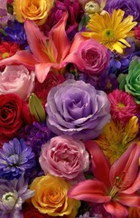 Colorful mixed flower bouquet blooming with lilies and roses