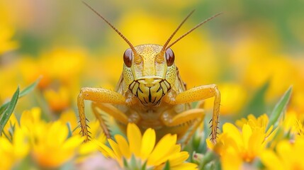 Close-up of a vibrant yellow grasshopper amidst yellow flowers