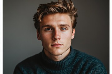 Fototapeta premium Portrait of a young man with light brown hair and blue eyes, wearing a dark green turtleneck sweater against a gray background.