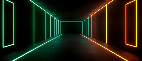 Fototapeta premium Neon Glowing Tunnel Corridor With Green And Orange Lights
