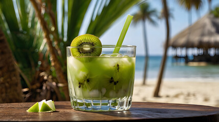 "A tropical kiwi and coconut drink layered in a cocktail glass, surrounded by halved kiwis and coconut pieces, palm leaf shadows in the background, 