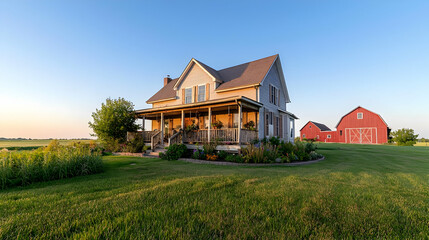 Obraz premium Rustic Farmhouse With Porch And Red Barn In A Rural Field At Sunrise