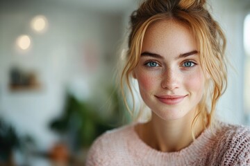 Obraz premium A young woman with freckles and light blonde hair smiles softly at the camera, wearing a pale pink sweater.