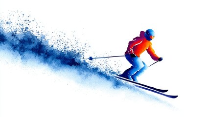 Skier in Motion Watercolor Art - Dynamic watercolor painting of a skier carving down a slope, snow spray behind. Active winter sport