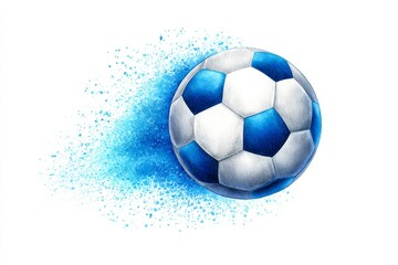 Fototapeta premium Soccer Ball in Blue Motion - A vibrant watercolor illustration of a soccer ball with blue accents, appearing to move quickly, leaving a blue trail behind it
