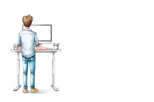Standing Desk Watercolor Illustration - A watercolor painting of a person working at a standing desk, symbolizing productivity, health, modern work, ergonomic design, and active lifestyle