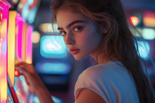 A young woman with long hair looks over her shoulder, illuminated by vibrant neon lights of arcade games.