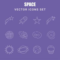 Set of linear vector icons on a space theme on a purple background