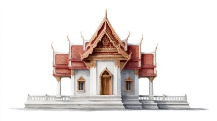Thai Temple Watercolor Illustration - A detailed watercolor illustration of a traditional Thai temple, showcasing its intricate architecture and vibrant colors against a white background